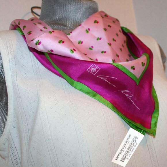 (2) Vtg Anne Klein Mint Green Floral & Pink Abstract Silk Scarf LOT - Picture 9 of 13